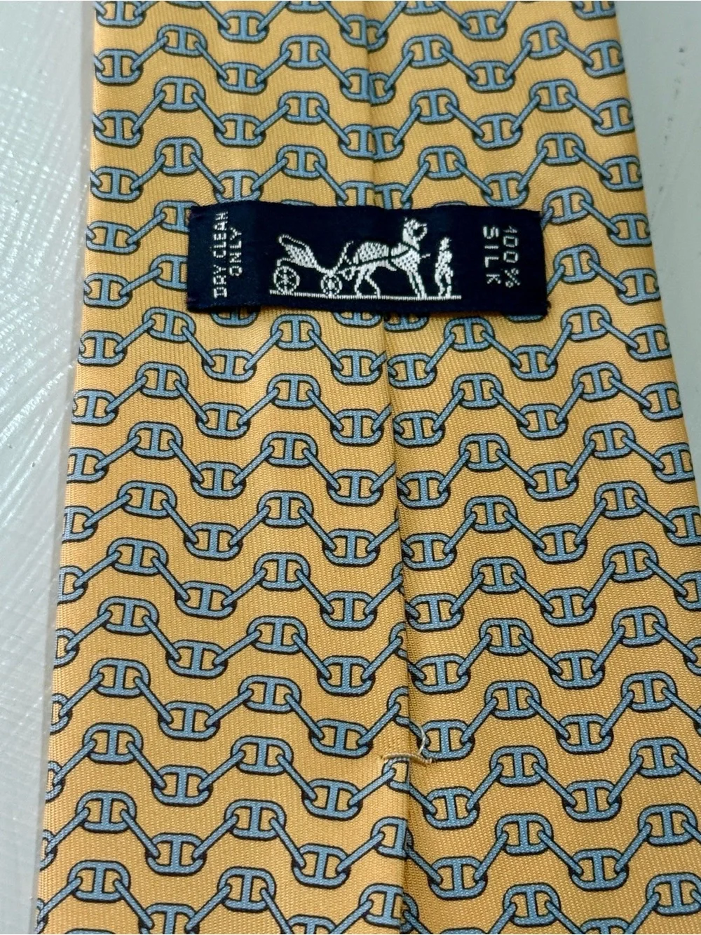 Hermes Paris Silk Neck Tie with Logo Yellow & Blue Chains made in France